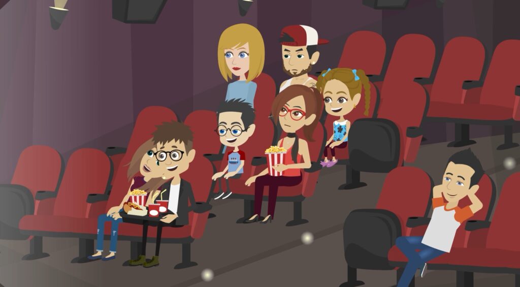 Na animovaném obrázku je skupina lidí ve dvojicích, kteří společně sledují film. Muž vpravo je introvertní a raději sedí sám, aby si užíval klidný okamžik.
