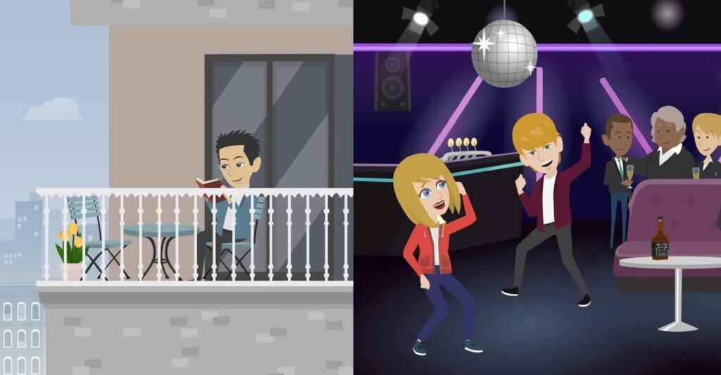 Vlevo v animovaném obrázku muž na balkoně svého bytu pije kafe a je klidný a spokojený. Vpravo je noční klub s barem, osvětlením a na parketě tančí muž a žena s velkou energií a baví se tancem.