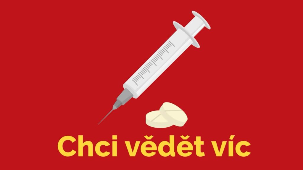 Animovaný obrázek s červeným pozadím. V popředí je vidět injekční stříkačka a vedle ní leží dvě tabletky, které mohou představovat drogy.