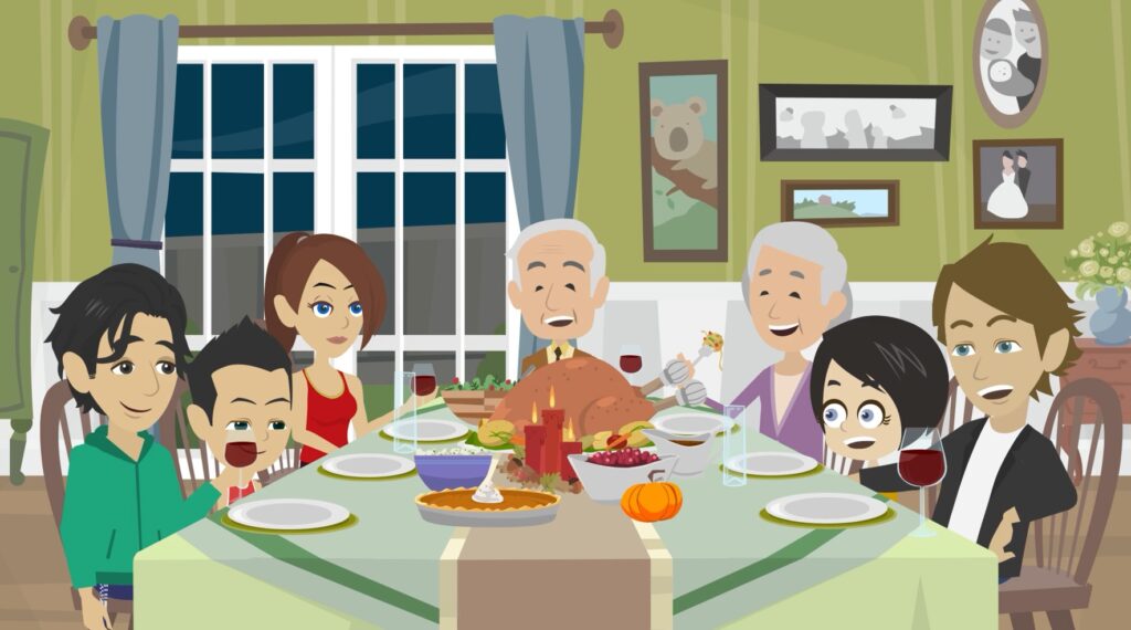 Rodina se sešla v obývacím pokoji při obědě. Jsou zde starý otec, babička, jedna dospělá žena, dva muži a dvě děti. Všichni vášnivě diskutují, zatím co žena sedí a naslouchá.