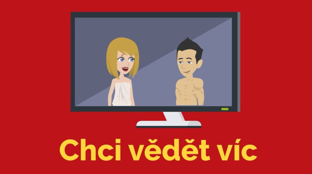 Animovaný obrázek s červeným pozadím. V popředí je monitor s dvěma osobami. Žena je oblečena v županu a dívá se na muže. Muž je nahý a dívá se na ženu. Na červeném pozadí je nápis porno