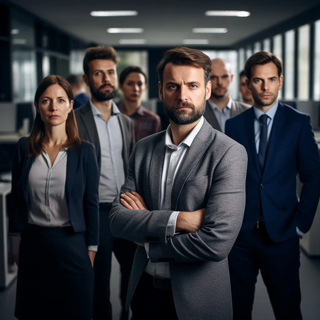 V moderním pracovišti je zachycena scéna. V popředí fotografie stojí šéf, muž v obleku, se zkříženýma rukama. V pozadí stojí jeho tým a za nimi je vidět chodba vedoucí do kanceláře.
